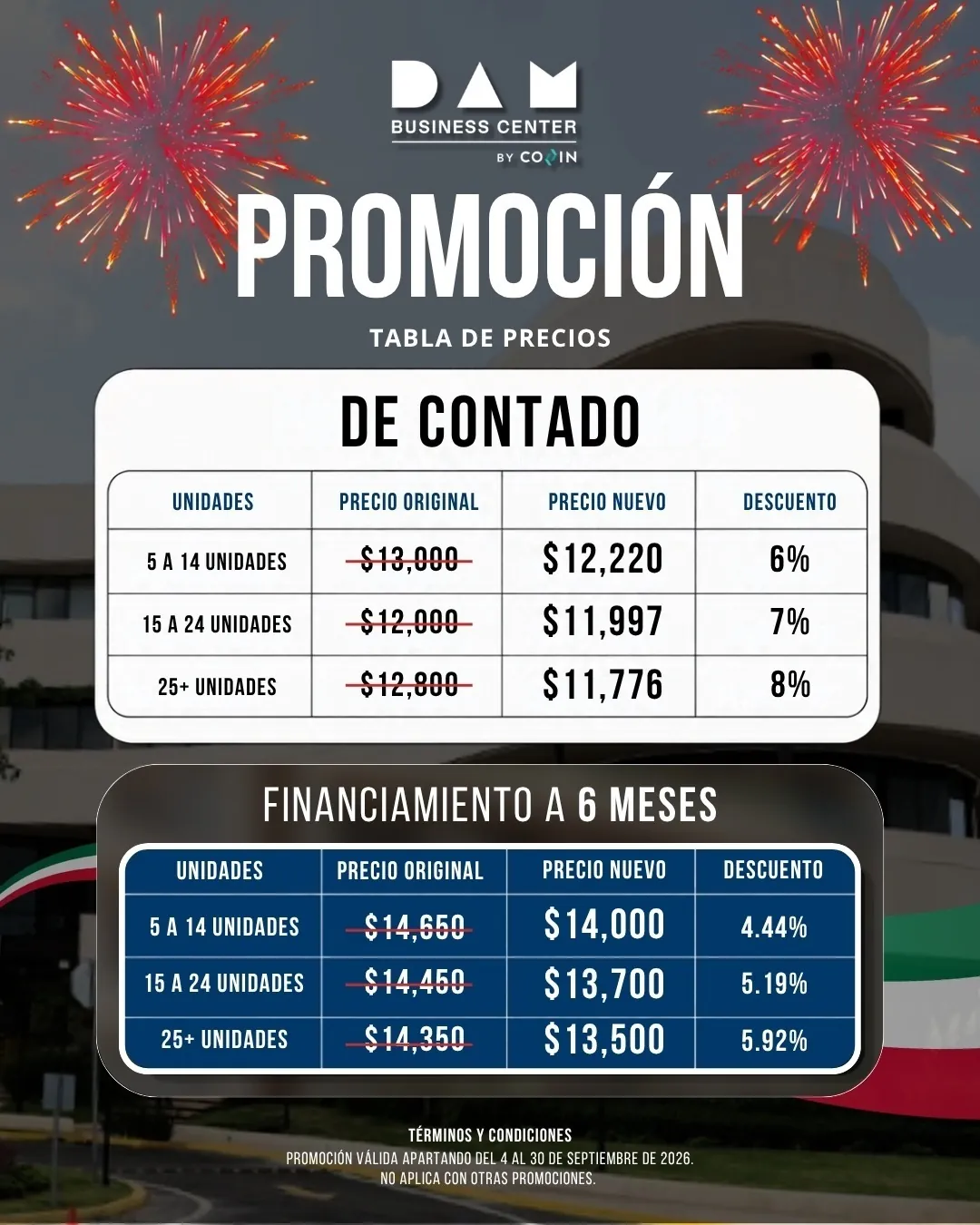 Tabla de precios de la promoción
